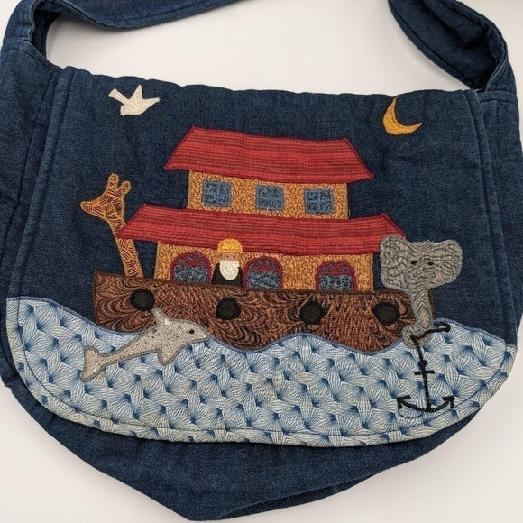 Vintage Calico Collectibles Noah's Arc Denim Quilted Purse Handbag Church USA - Picture 2 of 10